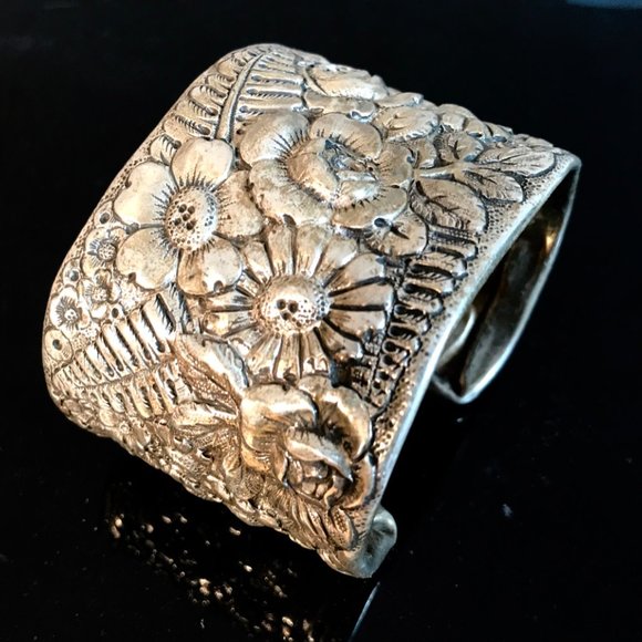 Antique Tiffany Cir. 19th Century Sterling Silver Cuff Bracelet Floral Rare - Picture 2 of 13